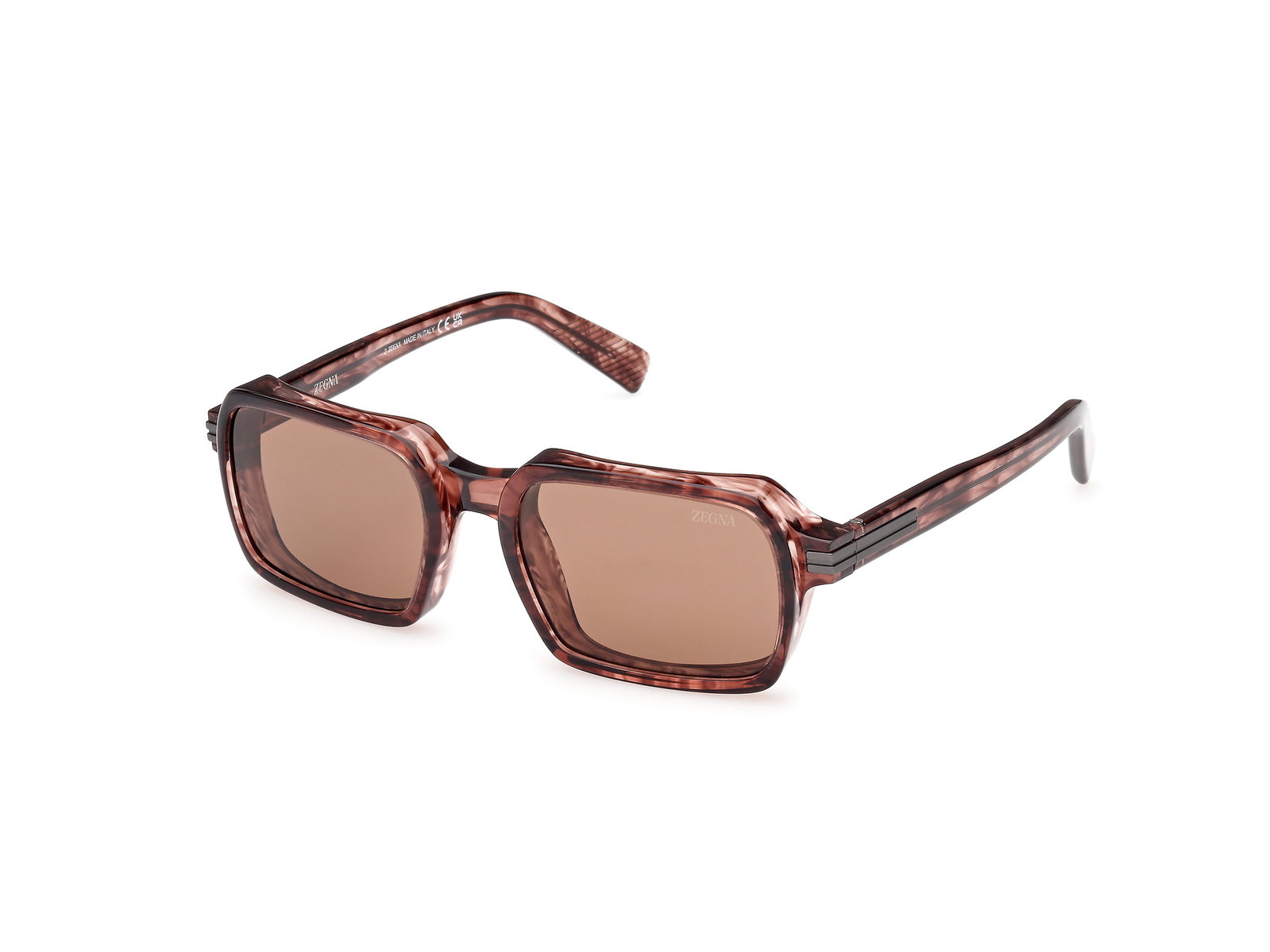 Das Bild zeigt die Zegna Sonnenbrille 0254 in bordeaux gestreift leicht schräg von der Seite.